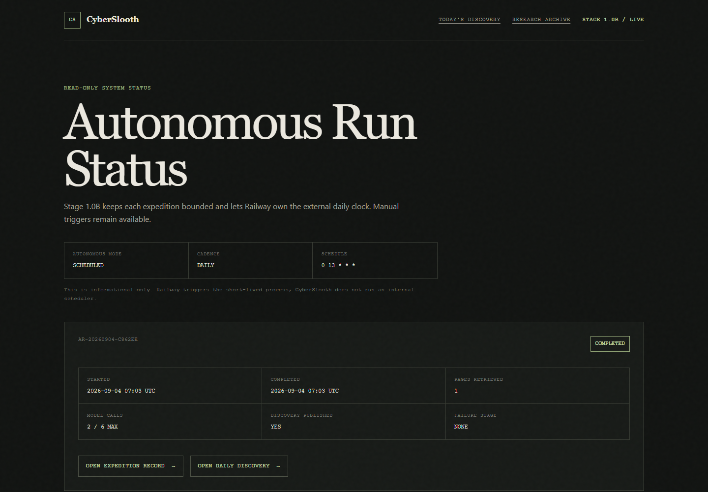 CyberSlooth autonomous run status showing a completed bounded expedition