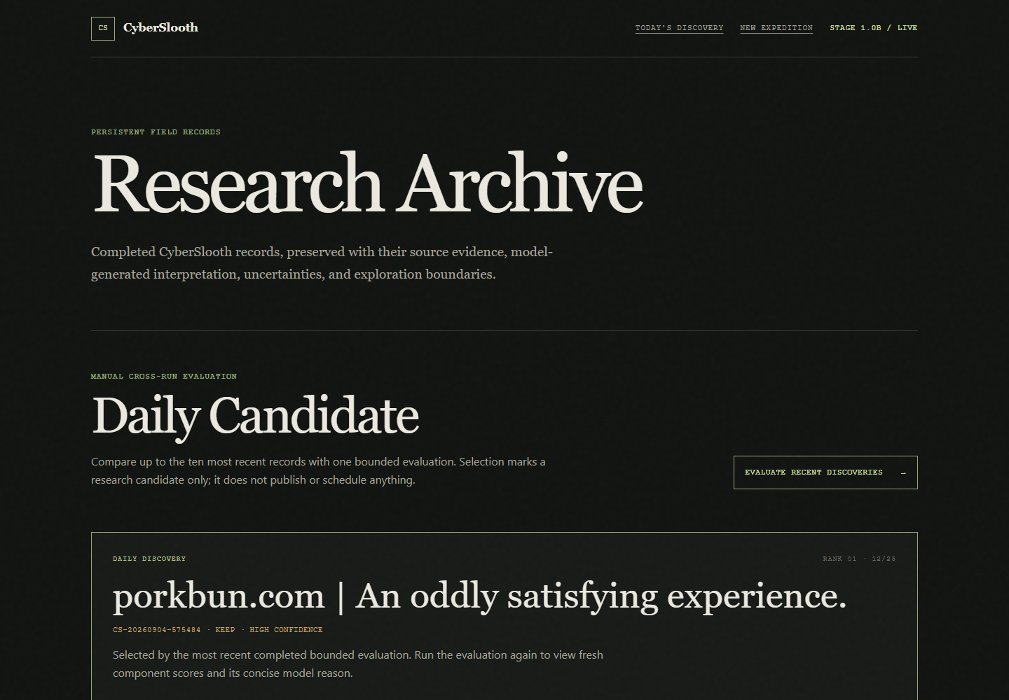 CyberSlooth research archive with ranked discovery candidates