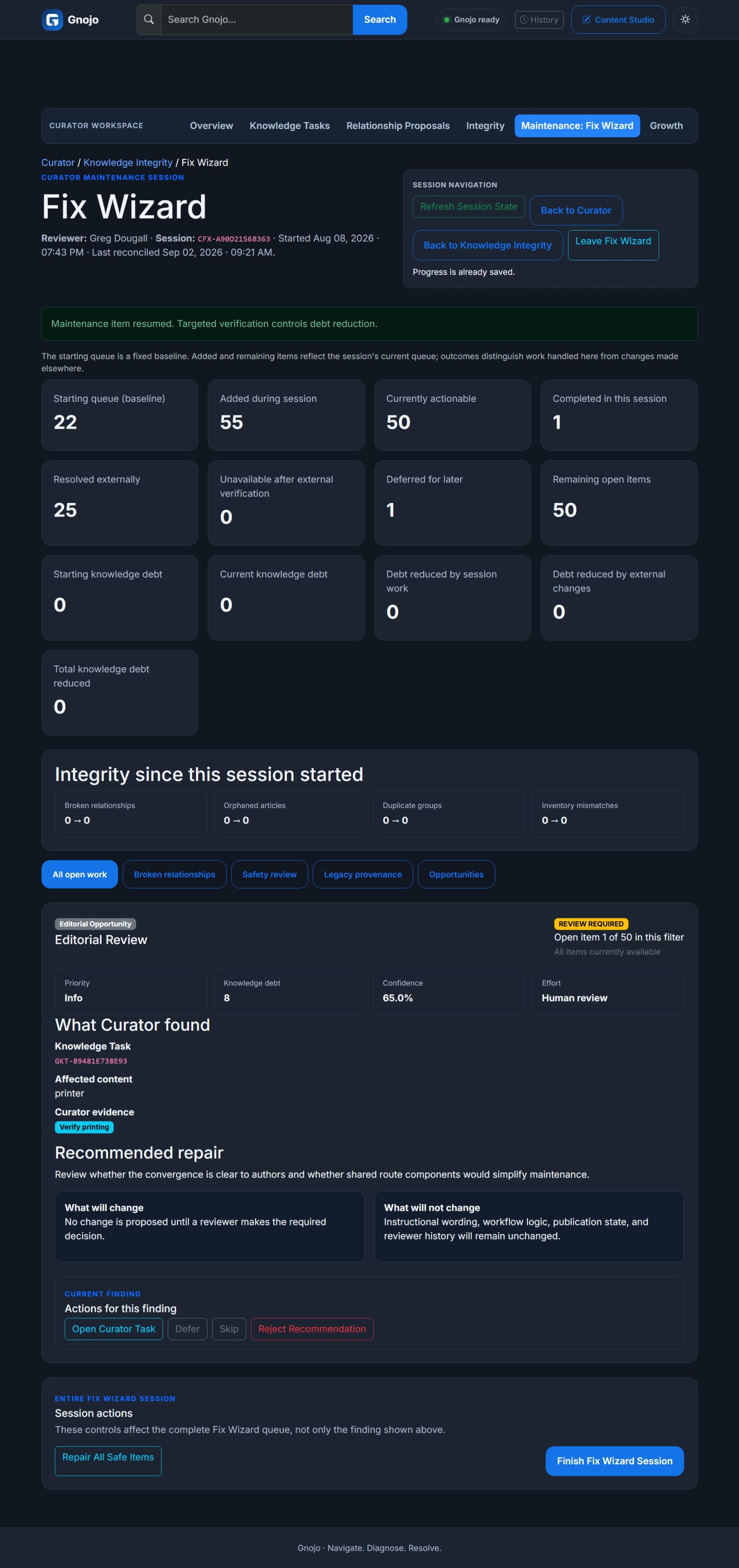 Gnojo Fix Wizard guiding a reviewer through a proposed integrity repair