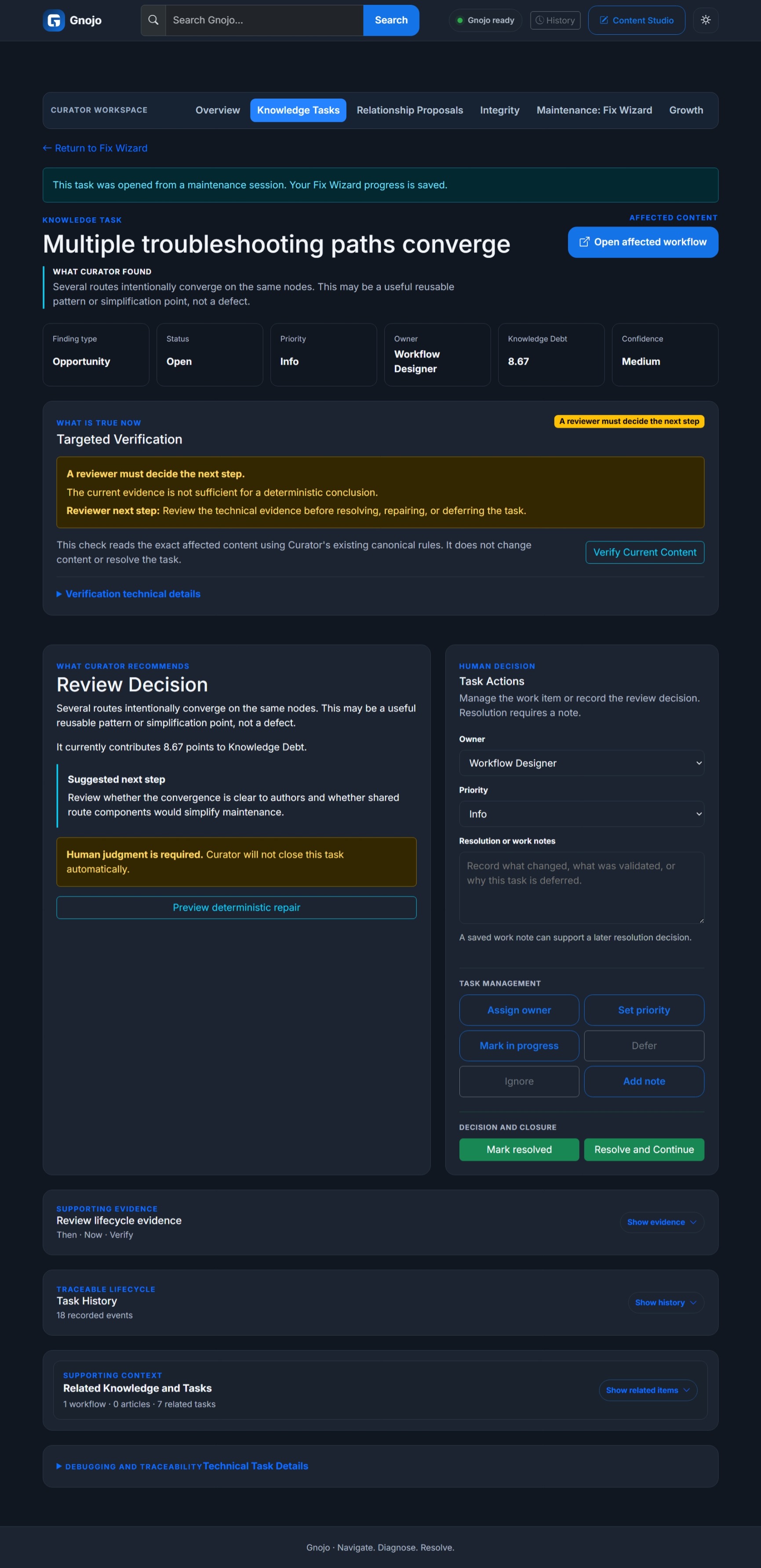 Gnojo governed review screen holding a repair for a human decision