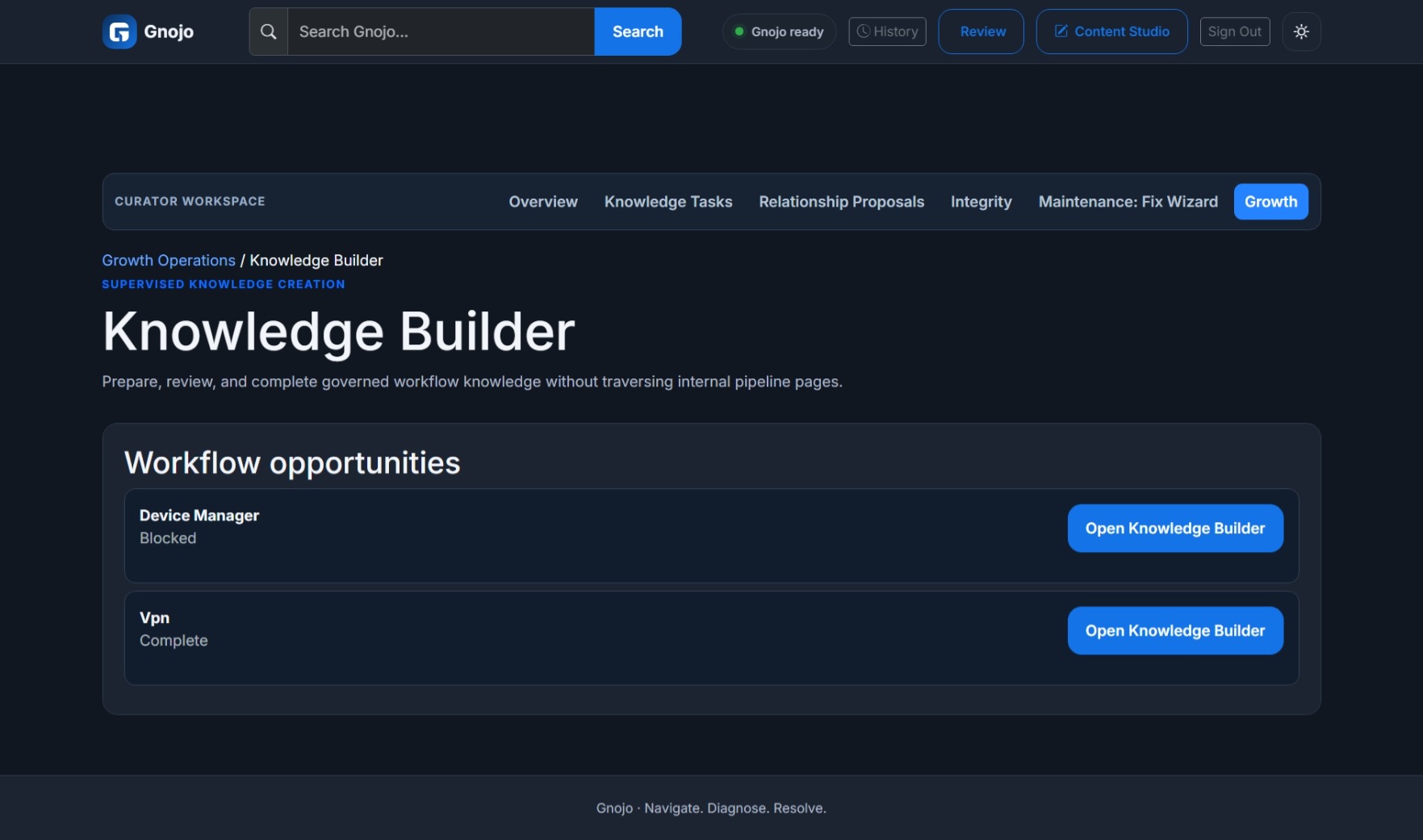 Gnojo Knowledge Builder showing VPN complete and Device Manager blocked