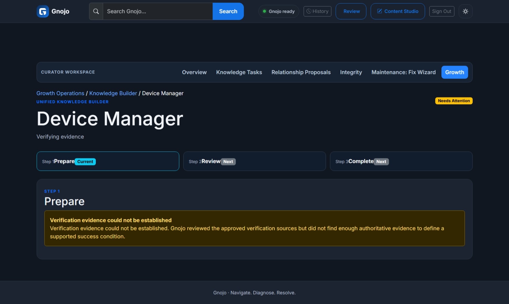 Gnojo Device Manager workflow stopped because approved sources could not establish verification evidence