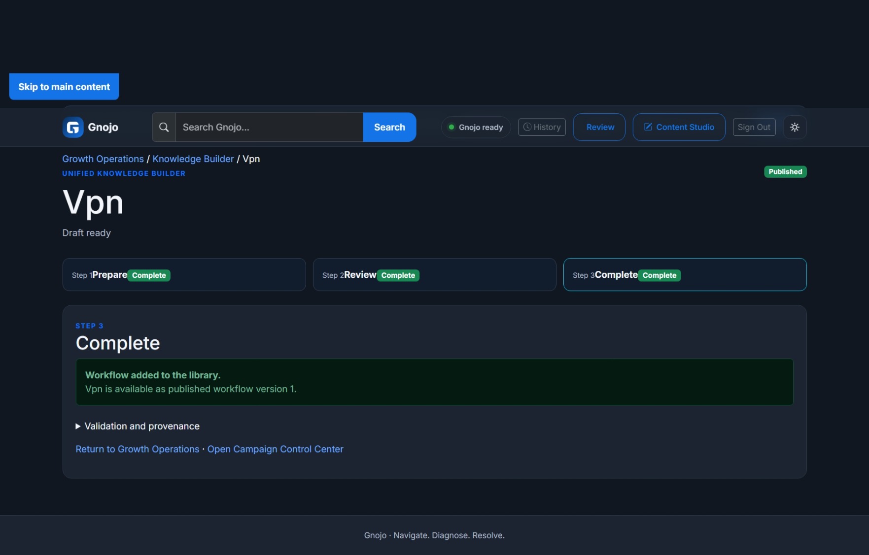 Gnojo Knowledge Builder showing the VPN workflow complete as published version 1