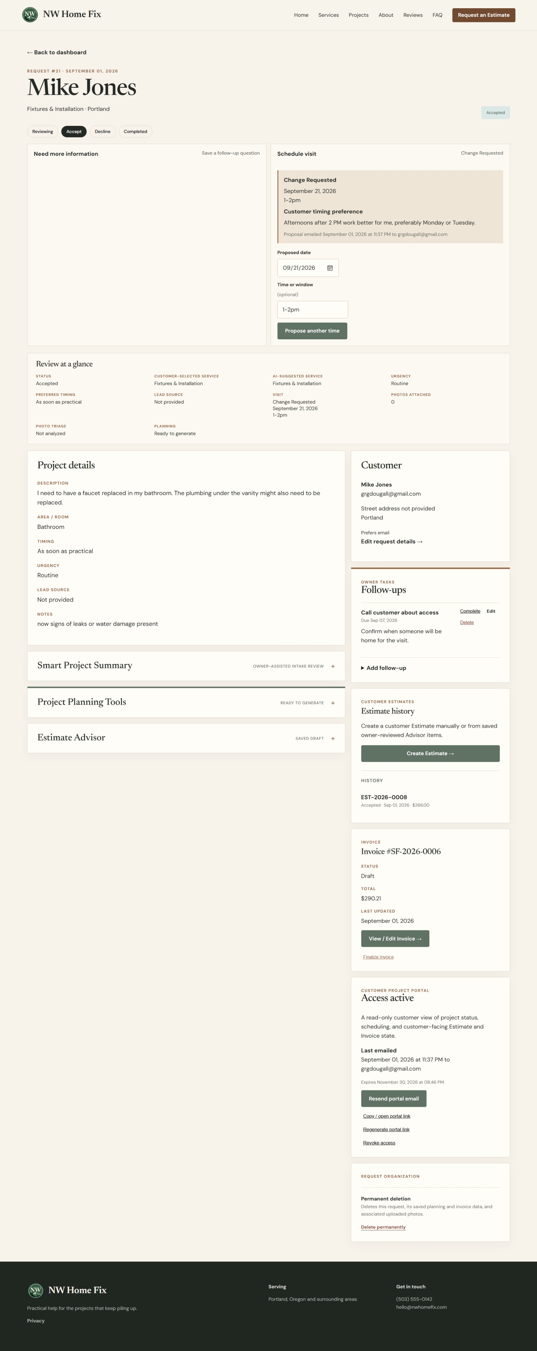 SmartFix request detail view with scheduling, estimate, invoice, portal, and follow-up information
