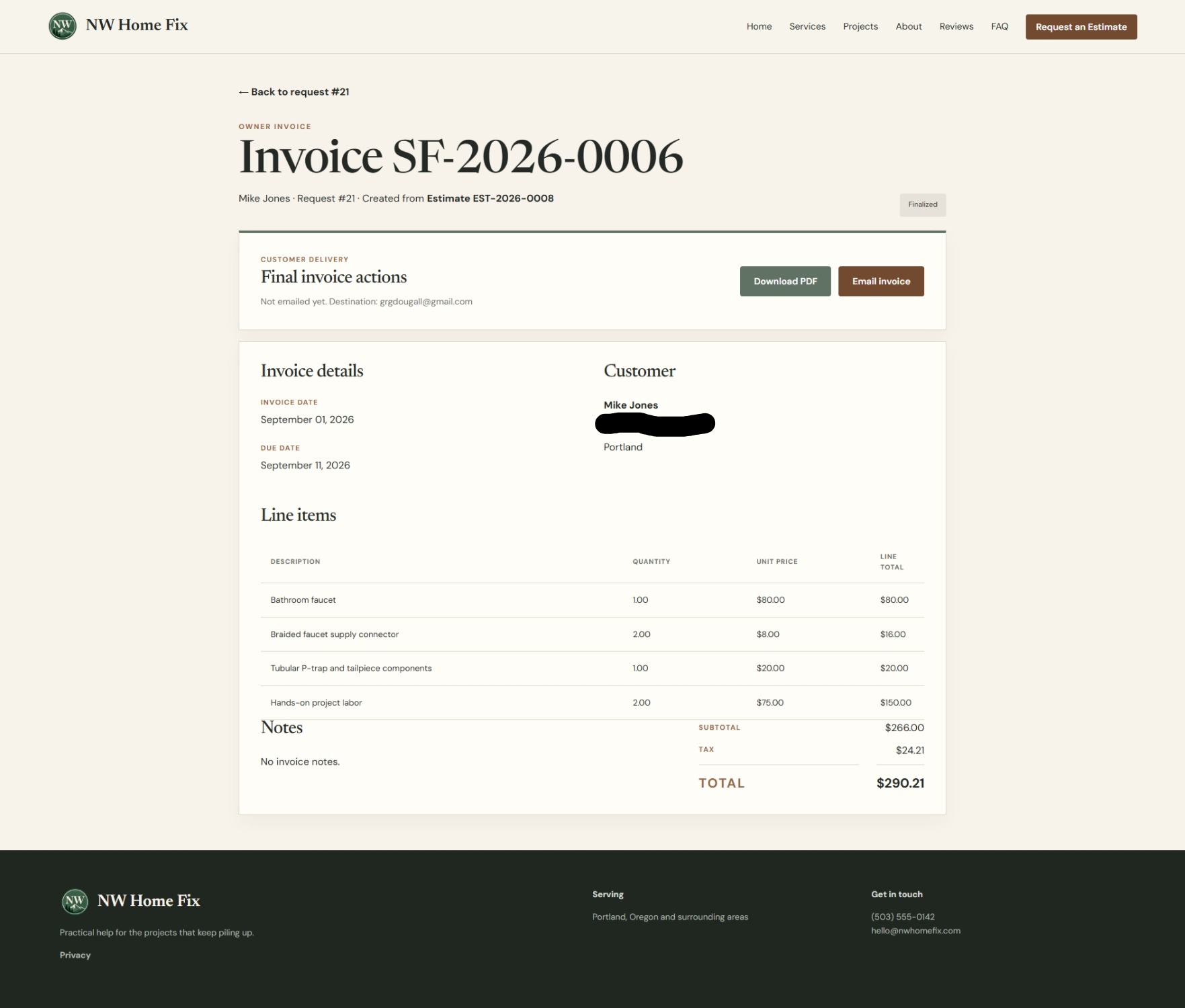 SmartFix finalized invoice linked to request 21 and estimate EST-2026-0008